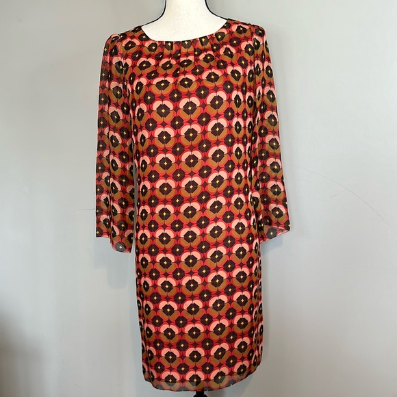 Fossil 100% Silk Quarter Sleeve Mod 70s Style Midi Floral Design Dress Medium - Picture 1 of 7